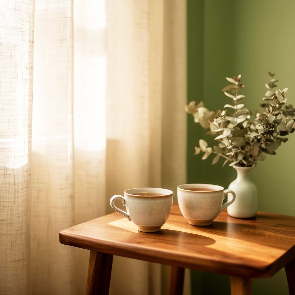 Two cups of tea on a wooden table beside a vase of eucalyptus