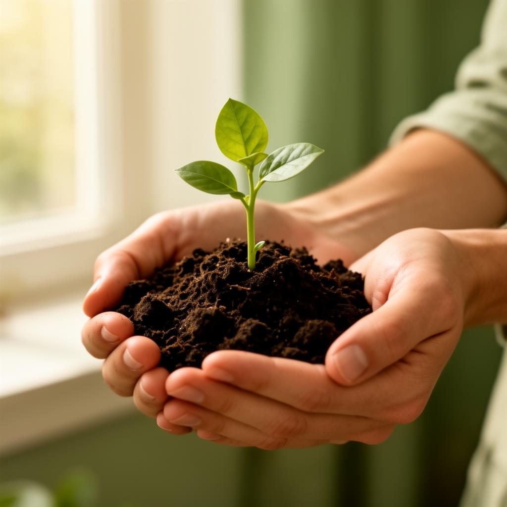 A pair of hands cupped around soil with a young seedling growing from it