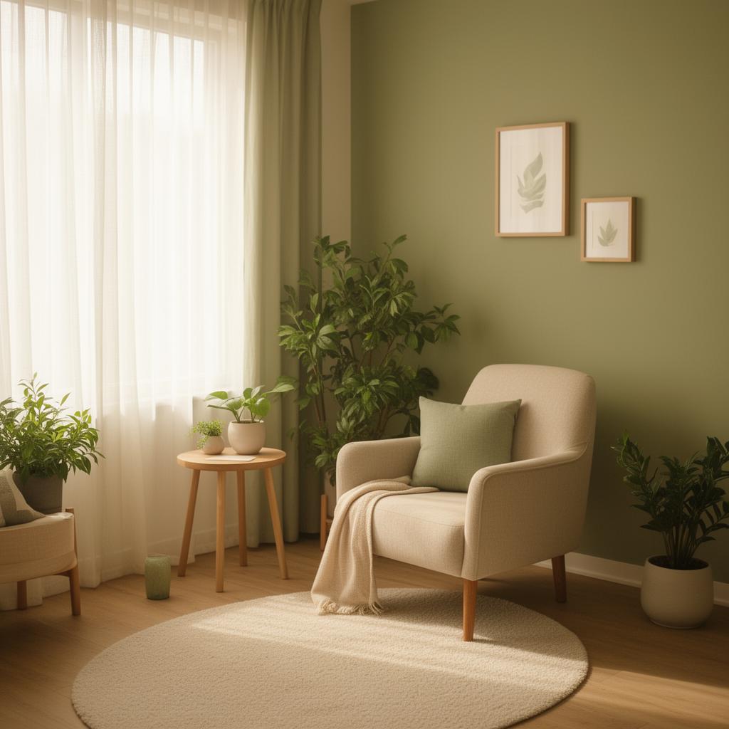 A quiet therapy room with an armchair, a folded blanket, plants and soft daylight
